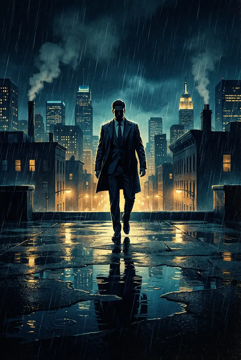 附近人免费交友聊天 出品影片《雨夜独行者》海报，雨中城市屋顶男性剪影